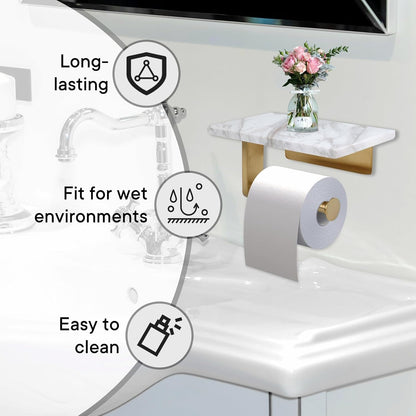 Toilet Paper Holder with Natural Marble Shelf for Bathroom Washroom,Wall Mounted Tissue Holder Suitable for Mega Roll (Brushed Nickel,Small 6.7 * 4.3 in)