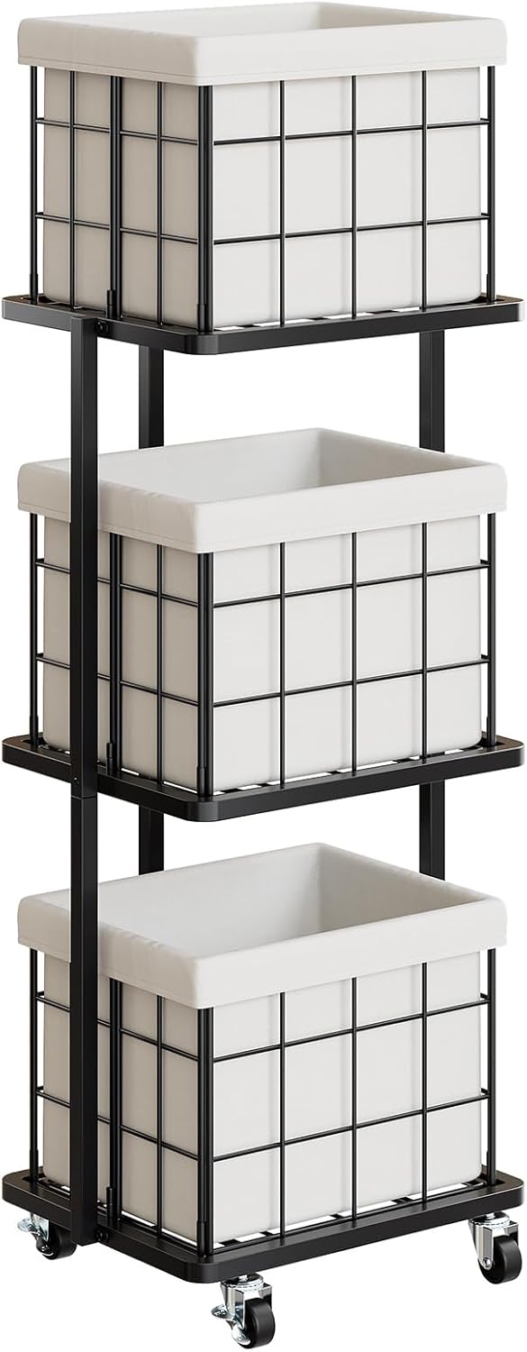 120L Vertical Laundry Sorter,3 Tier Metal Rolling Laundry Basket | Slim Tall Laundry Hamper 3 Section with wheels and 3 Removable Bags for Small Spaces, Dorm, Bathroom, Laundry Room, White