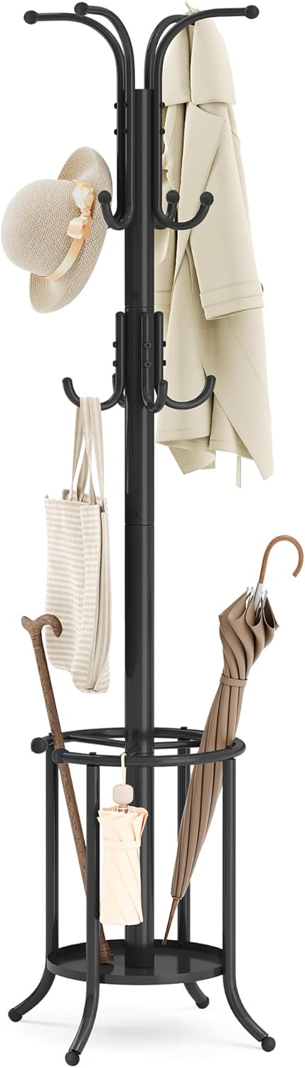 SONGMICS Coat Rack Freestanding Metal Coat Rack Stand with 12 Hooks | Coat Rack with Umbrella Holder