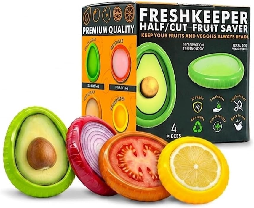 Avocado Saver & Onion Storage – Set of 4 BPA-Free Food Containers with Silicone Lids – Reusable Fruit and Veggie Savers, Fresh Pods for Food – Perfect for Tomato Holder, Garlic, Lemon & More | BPA-Free Reusable Fruit & Vegetable Savers with Flexible