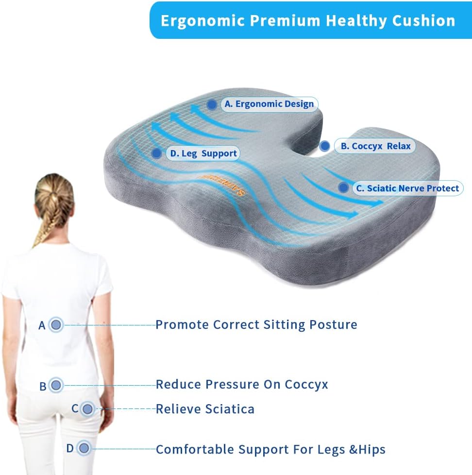 SAIREIDER Office Chair Cushion, Car Seat Cushion, Memory Foam Coccyx Cushion Pads for Tailbone Pain, Sciatica Relief Pillow, Correct Sitting Posture (Black)