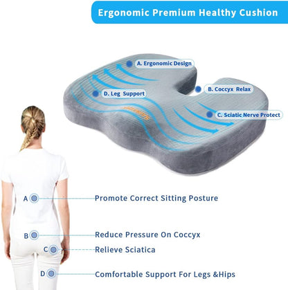 SAIREIDER Office Chair Cushion, Car Seat Cushion, Memory Foam Coccyx Cushion Pads for Tailbone Pain, Sciatica Relief Pillow, Correct Sitting Posture (Black)