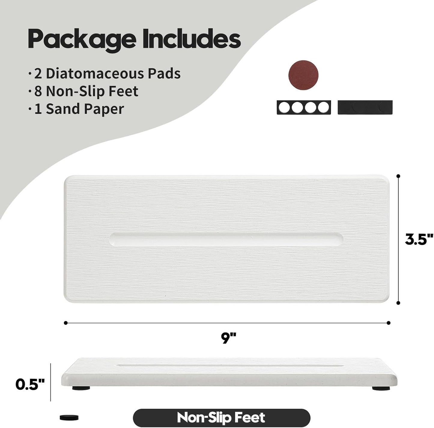 3 Pack Water Absorbent Diatomite Coasters, Stone Drying Mat for Kitchen Counter, Bathroom Sink Organizer Tray, Compact Vanity Rack, Soap Holder Caddy, Faucet Splash Guard, White 8"x3.8"
