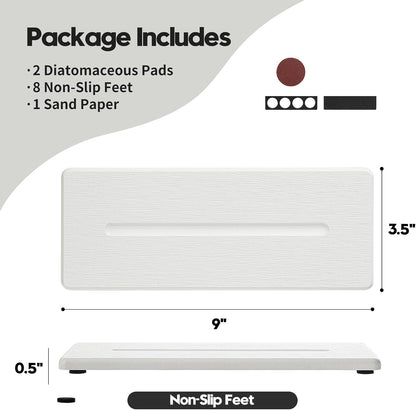 3 Pack Water Absorbent Diatomite Coasters, Stone Drying Mat for Kitchen Counter, Bathroom Sink Organizer Tray, Compact Vanity Rack, Soap Holder Caddy, Faucet Splash Guard, White 8"x3.8"