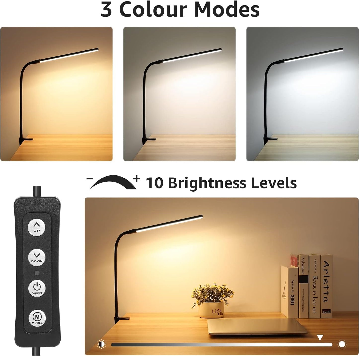 Lepro Small Desk Lamp with Clamp, LED Reading Lamps, 460LM, 5W, White | 3 Color Modes 10 Brightness, Dimmable USB Clip on Desk Light with Gooseneck Swing Arm for Nail, Home Office and Dorm