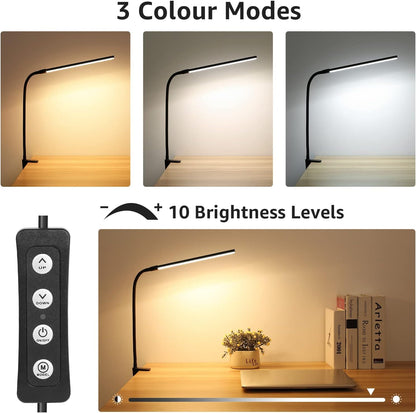 Lepro Small Desk Lamp with Clamp, LED Reading Lamps, 460LM, 5W, White | 3 Color Modes 10 Brightness, Dimmable USB Clip on Desk Light with Gooseneck Swing Arm for Nail, Home Office and Dorm
