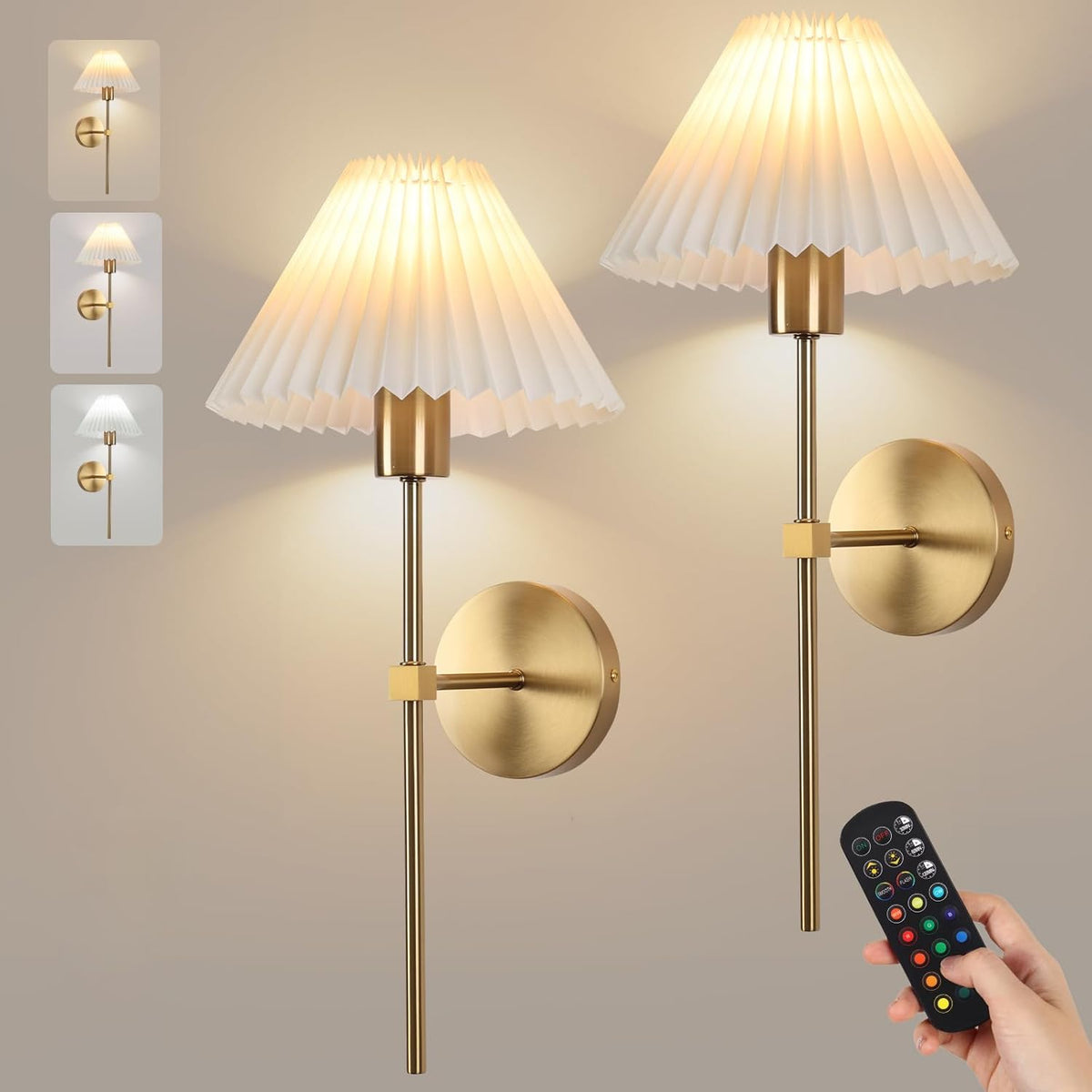 Rechargeable Battery Operated Wall Sconce Sets of 2, 15 Colors Wireless gooseneck Black Wall Lights Fixture with Dimmable Bulbs and Remote, Not Hardwired Wall Mounted Lamps for Bedroom Living Room