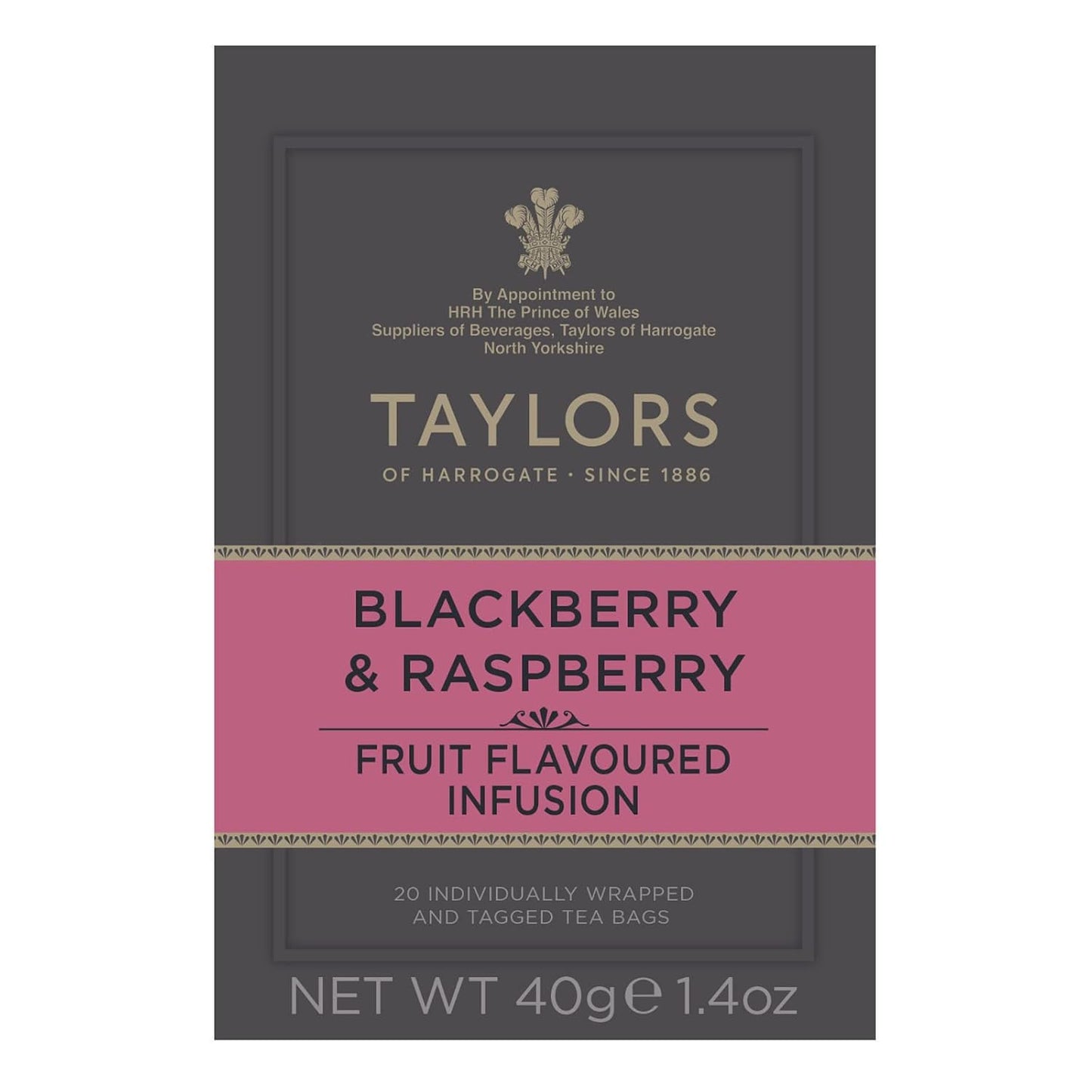 Taylors of Harrogate Blackberry & Raspberry, Herbal Tea, Individually Wrapped Bags, 20 Count (Pack of 1), Sweet, Tart & Tangy, Caffeine-Free, Enjoy Hot or Iced, 20 Teabags