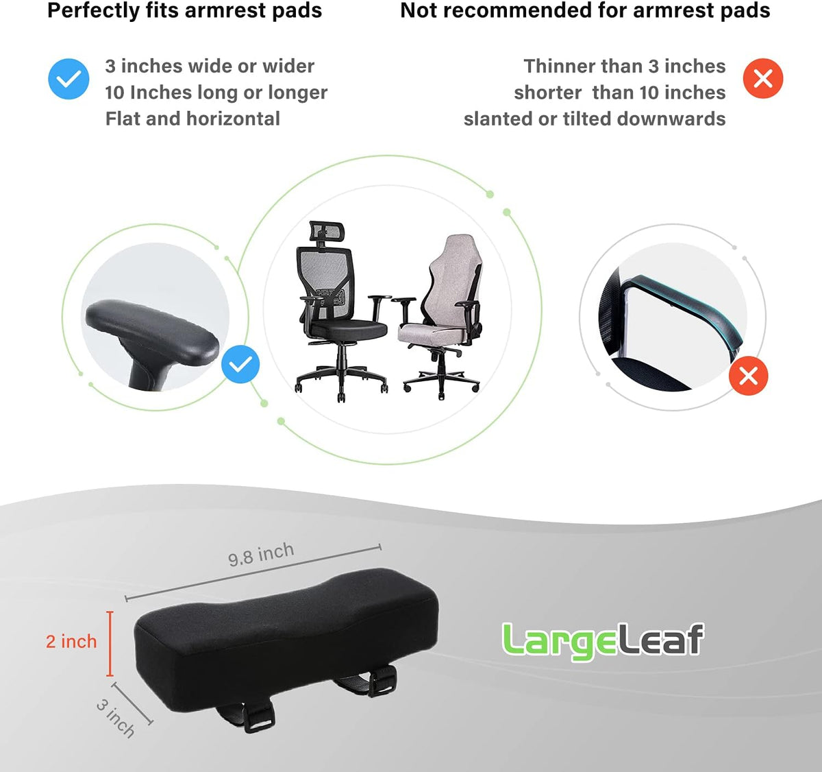 LargeLeaf Chair Armrest Cooling Gel Cushions Elbow Pillow Pressure Relief Office Chair Gaming Chair armrest with Memory Foam armrest Pads 2-Piece Set of Chair