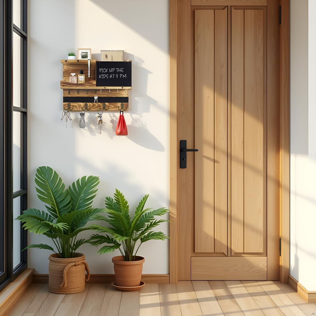 Key Holder for Wall Mount with Shelf and Mail Organizer, Key and Mail Holder with 16 Hooks, Farmhouse Entryway Organizer, Home Decor Rack (Pine Wood, White Washed)