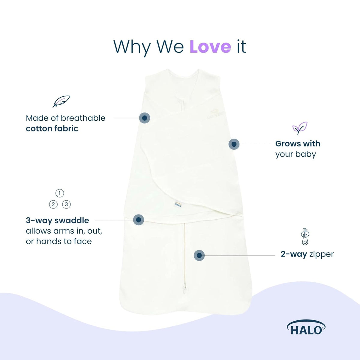 HALO 100% Cotton Sleepsack Swaddle, 3-Way Adjustable Wearable Blanket, TOG 1.5, Birds, Newborn, 0-3 Months - Colors A