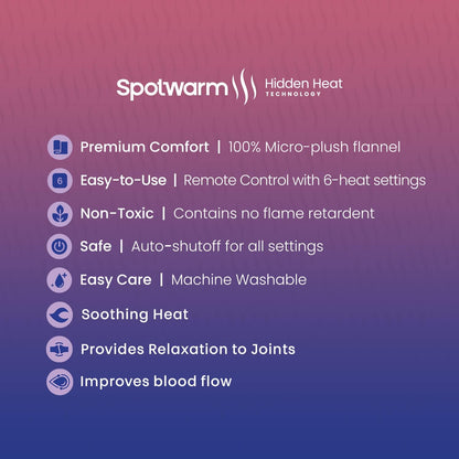 Hidden Heat Electric Foot of the Bed Warmer by SpotWarm; Wireless RF Remote, Microplush Flannel Mattress Warmer for Heated Feet. Queen Bed - 60” by 24”