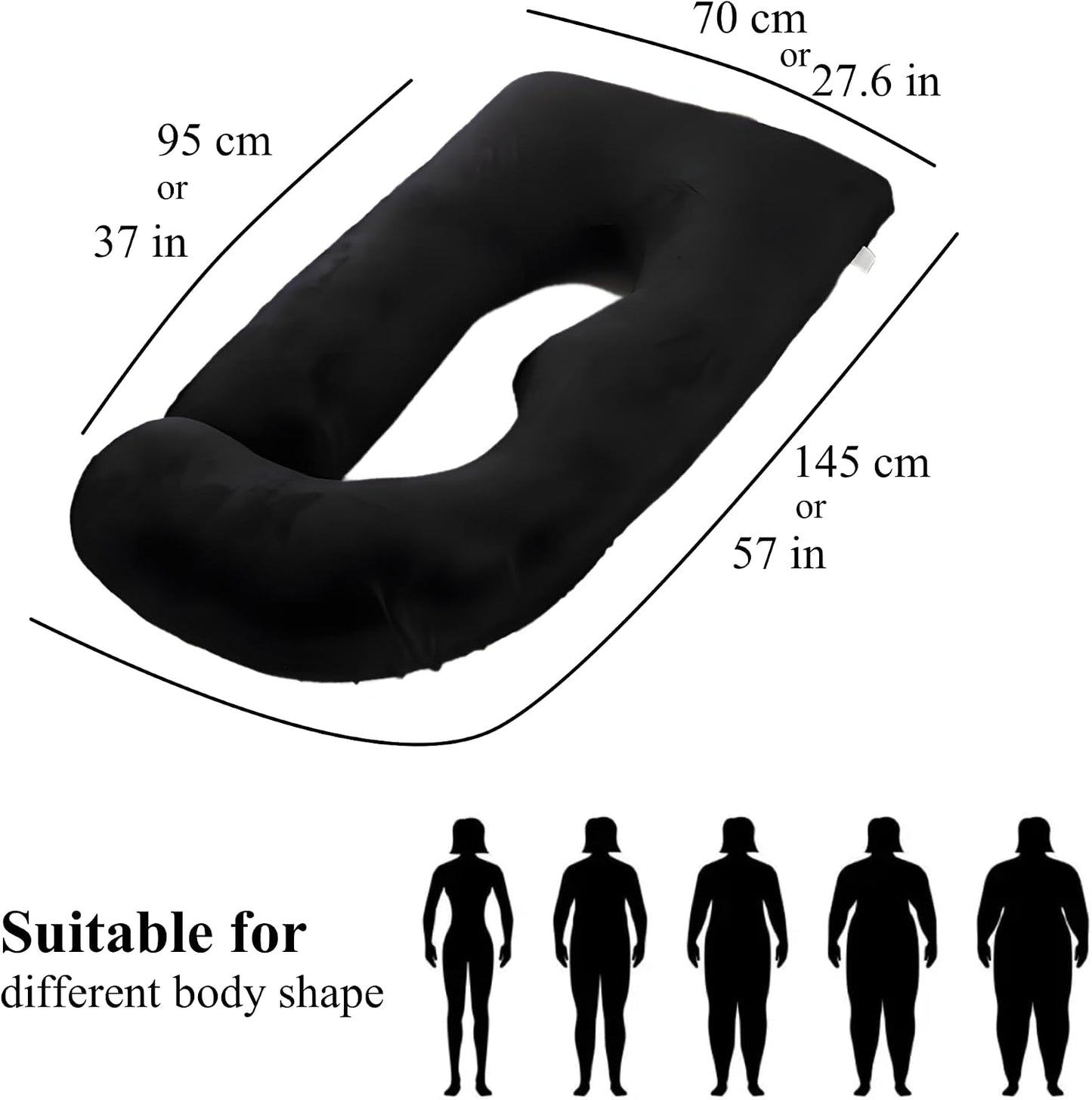 ALLOPERA Pregnancy Pillows for Sleeping, 57-Inch U-Shaped Full Body Maternity Pillow with Adjustable Fill and Removable Washable Cover, Back, Belly, Hip and Leg Support for Pregnant Women, Black Grey