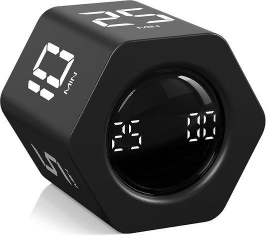 Rotating Pomodoro Timer 5, 25, 10 30,60 Mins Preset Stopwatch, Desk Flip ProductivityTimer, ADHD Tool Hexagon, Vibration/Mute/Alarm, for Work, Study, Back to School, Kitchen, Black