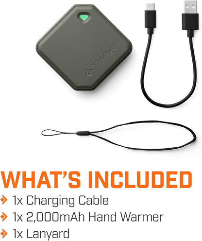 THAW Rechargeable Mini Hand Warmer | Double-Sided Heating, Up to 4 Hours, Rechargeable USB-C, Durable Impact-Resistant Construction, Integrated LED Light