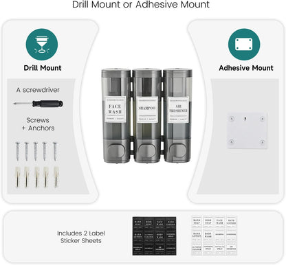 Wall Mounted Shower Soap Dispenser 3 Chamber,No Drill Shower Dispenser | Shampoo and Conditioner Dispenser for Bathroom Hotel Large Capacity, each 300ml with two waterproof labels,Gold