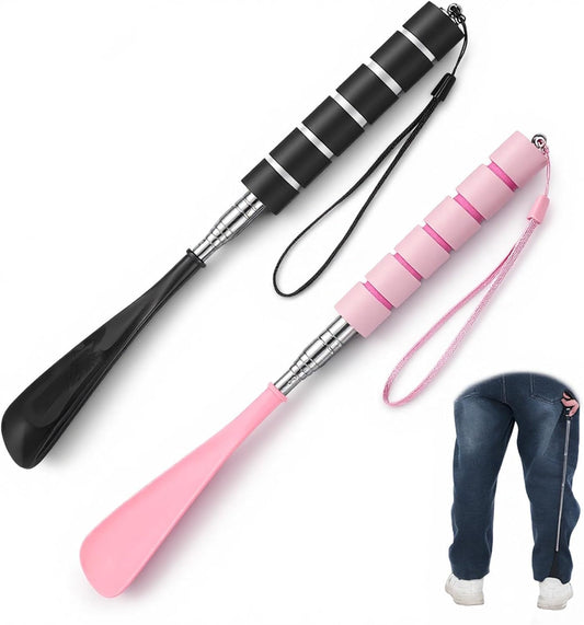 2 PCS Shoe Horn Long Handle for Seniors, Retractable Stainless Steel Foldable Shoe Horn, Adjustable Length Shoes Helper for Travel Women (Black, Pink)