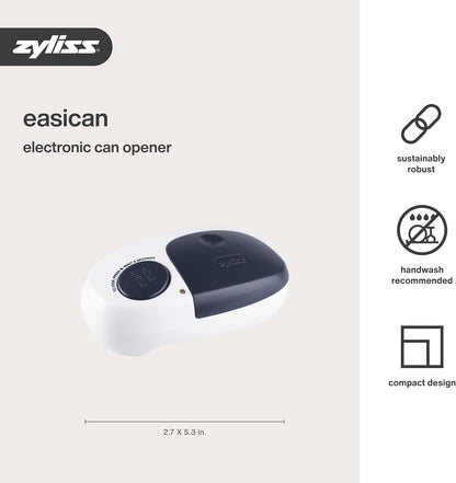 Zyliss EasiCan Electric Can Opener – One-Touch Automatic Tin Opener with Magnet for Safe Lid Removal – Compact, Hands-Free Design for All Can Sizes – Battery Operated, Easy to Use and Store
