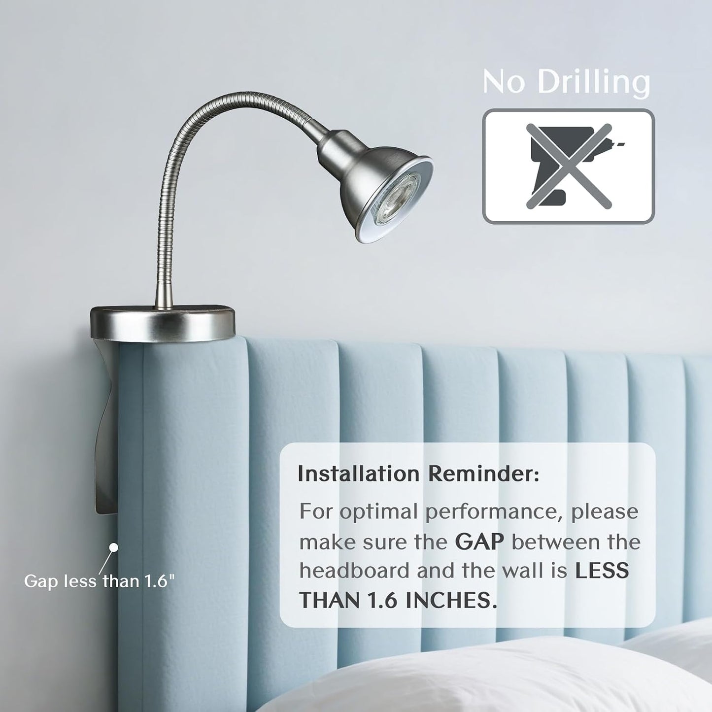 Solfres Patented Innovative Design Headboard Reading Light. No Drilling Golden Book Light for Bedtime Reading. Dimmable LED Book Reading Lamp with Bulb. Movable & Flexible, Black