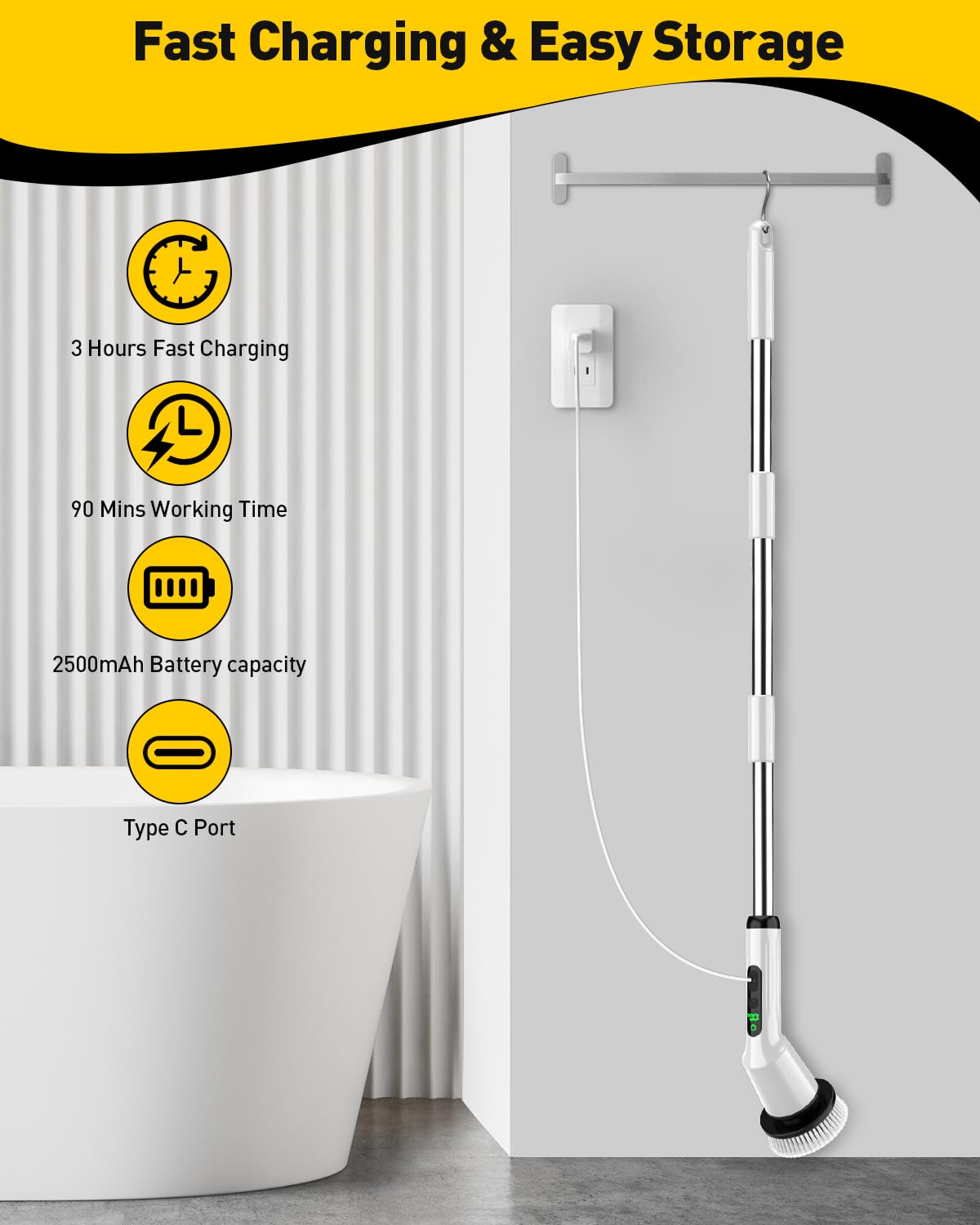 Electric Spin Scrubber for Bathroom, Shower Scrubber with Long Handle | Shower Cleaner Brushes, IPX7 Waterproof & 2 Speed, 3 Brush Heads, 90min Runtime, Bathroom Cleaning Supplies for Toilet Tub