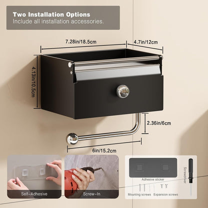 Voldra Toilet Paper Holder with Shelf, Flushable Wipes Dispenser for Bathroom, Adhesive Toilet Paper Roll Holder with Storage Wall Mount Stick On Bathroom Tissue Holder Front Flip Design (Matte Black)