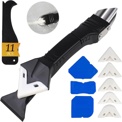 11Pcs Silicone Caulking Tools 3 in1 Grout Removal Tool Grout Remove Scraper | 5 Silicone Replaceable Pads,4 Glass Glue Angle Scraper, Caulk Remover for Kitchen/Bathroom/Window/Joint