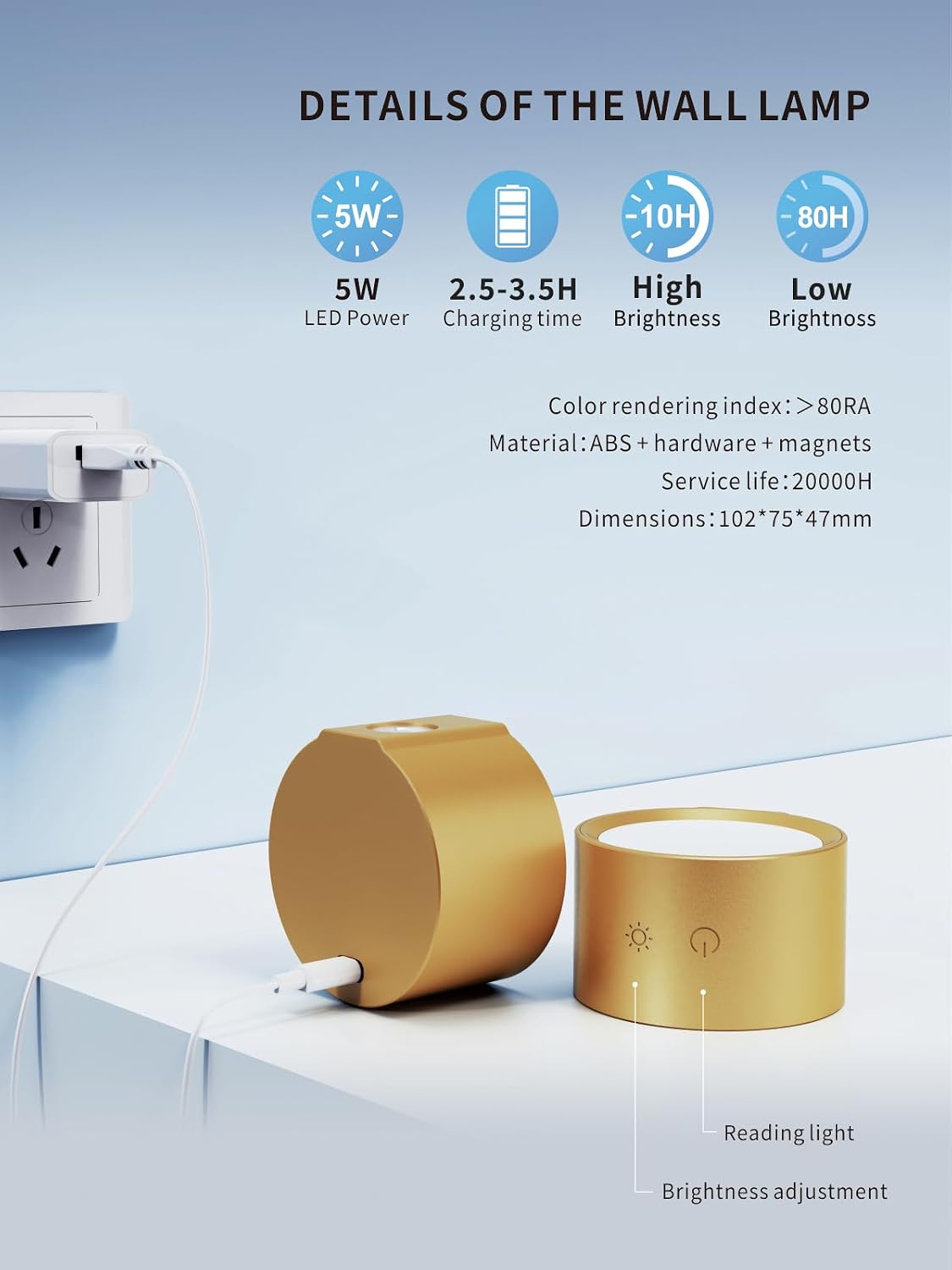 LANMEL LED Wall Mounted Lights,360° Rotating Rechargeable Wall Sconce Lamp | Gold,3CCT,Dimmable,with Remote & Touch Control,USB Wireless Wall Lamp, Suitable for Study,Bedroom,and Bedside Reading