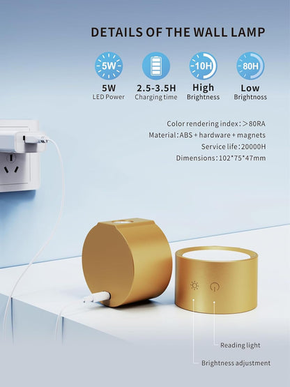 LANMEL LED Wall Mounted Lights,360° Rotating Rechargeable Wall Sconce Lamp | Gold,3CCT,Dimmable,with Remote & Touch Control,USB Wireless Wall Lamp, Suitable for Study,Bedroom,and Bedside Reading