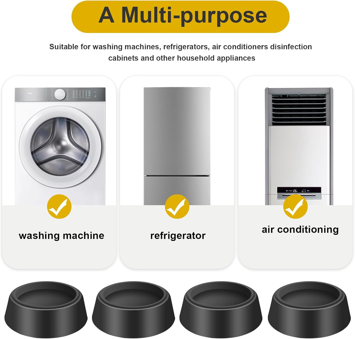 4PCS Washing Machine Foot Pads for Anti-Vibration and Anti-Walk Pads with Level, Washer and Dryer Anti Slip Pad Mat for Vibration Reduction & Shock Absorber Rubber Noise Cancelling Isolation Feet