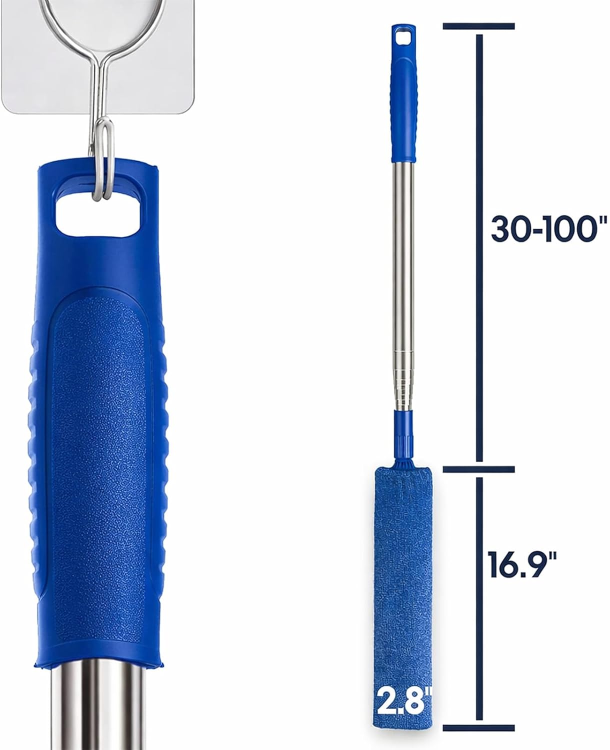 Retractable Gap Dust Cleaner with Extension Pole & 3 Microfiber Cloths | Cleaning Tools with 3 Microfiber Dusting Cloths | Long Handle Duster 30-100'' | Under Refrigerator Furniture Appliance Blue