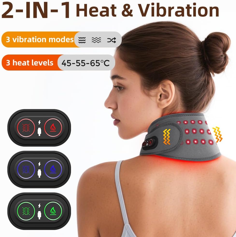 Cordless Neck Heating Pad for Pain, Neck Massager with 660nm 850nm Red Light, Heated Neck Wrap with 3000mAh Rechargeable, 3 Levels Heat & Massage, Gray