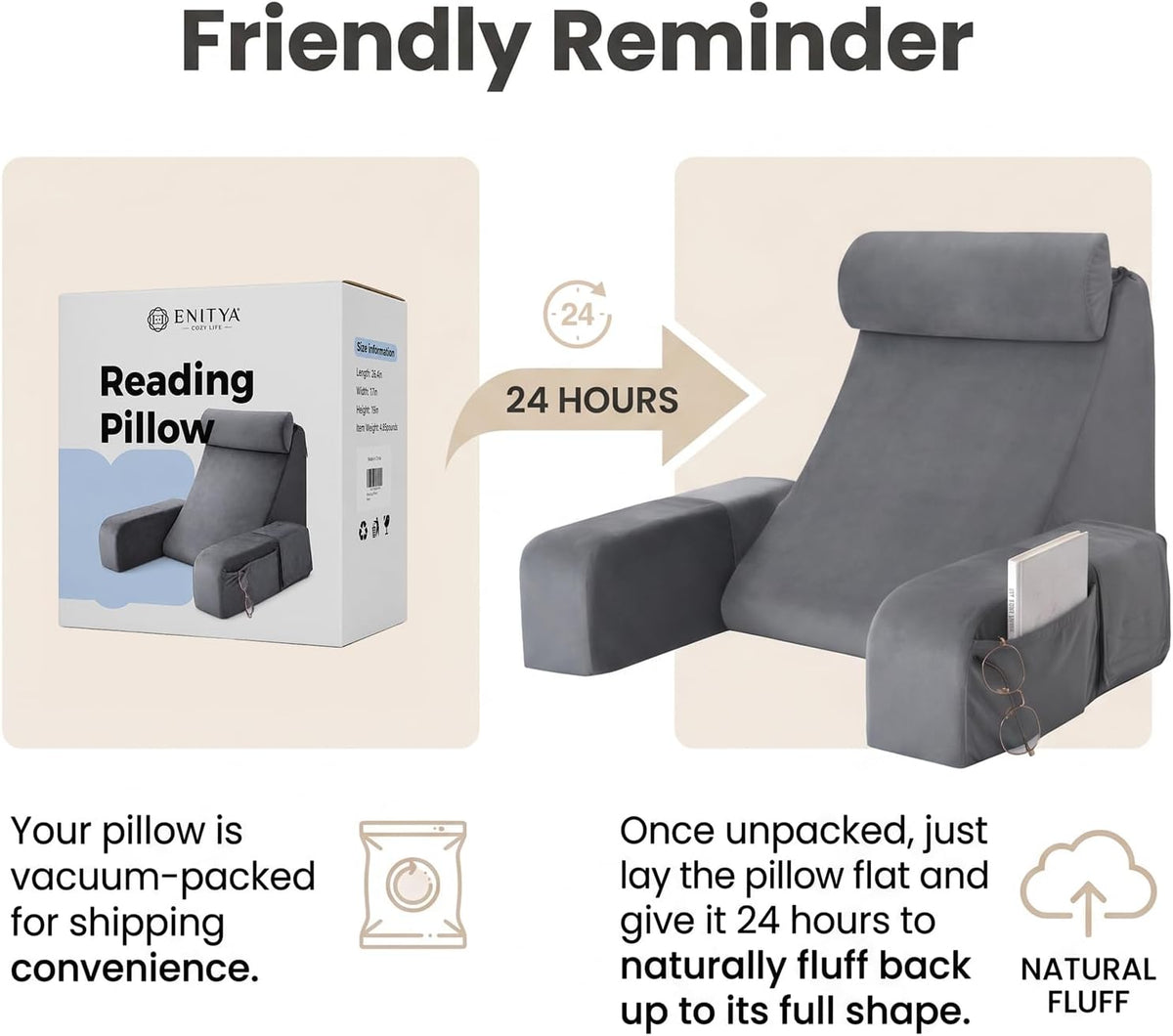 ENITYA 21" Reading Pillow for Bed with Firm Back Support & Big Pockets