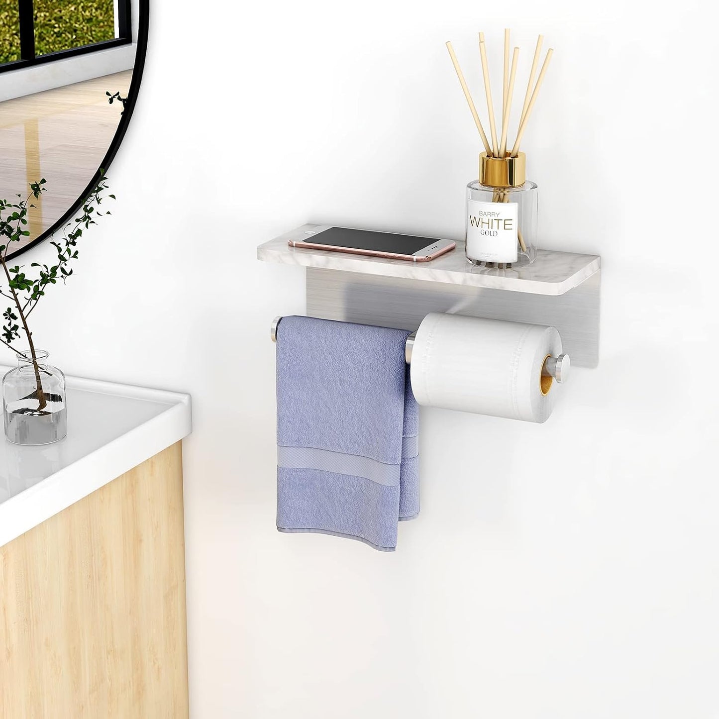 Gypie Marble Toilet Paper Holder with Shelf, Wall Mounted Matte Black | Stainless Steel Tissue Roll Paper Holder Dispenser for Bathroom Washroom