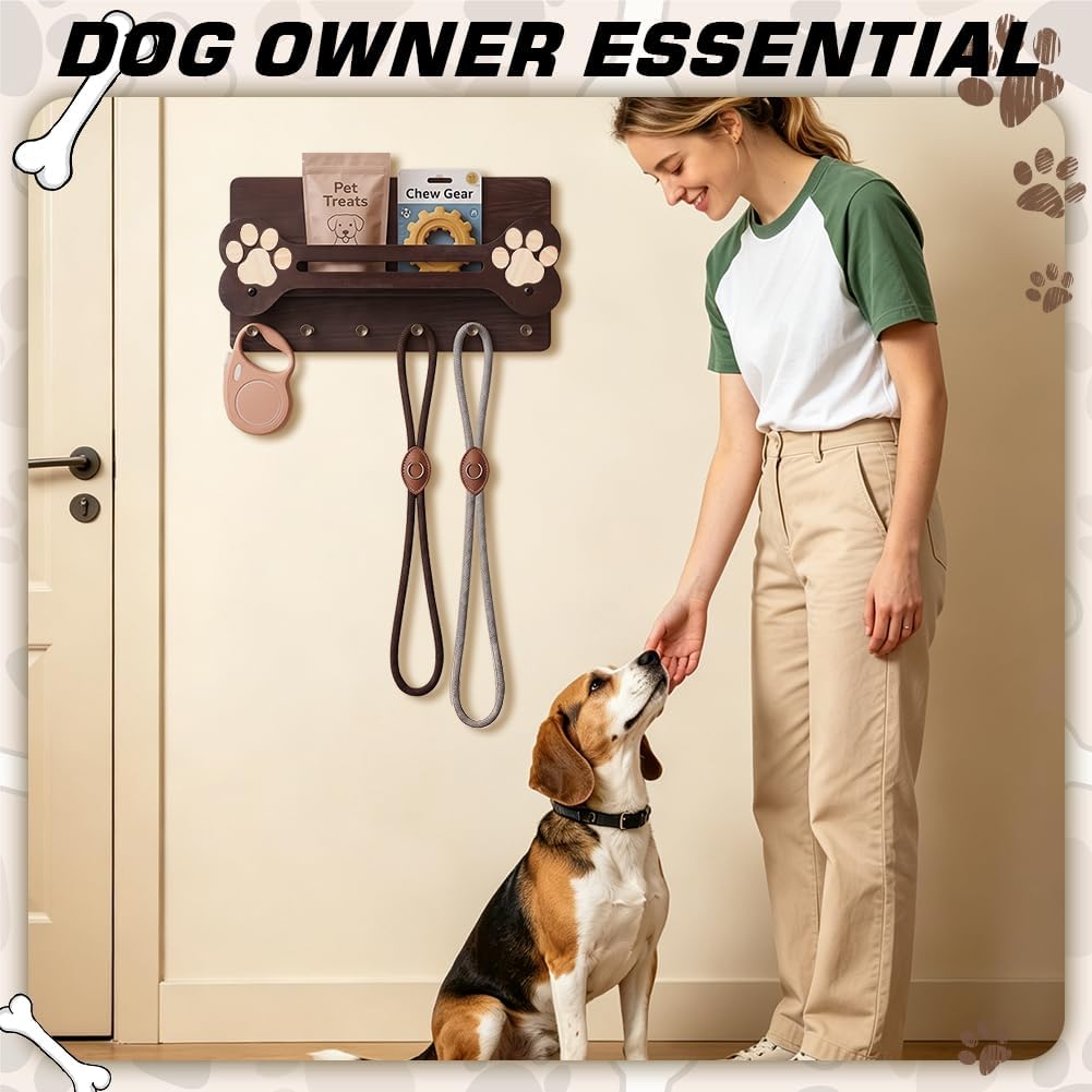 Dog Leash Holder for Wall with Floating Shelf and 6 Hooks Decorative Dog Stuff Organizer for Leashes Collars Keys Rustic Wooden Key Holder Wall Mount for Home Decor