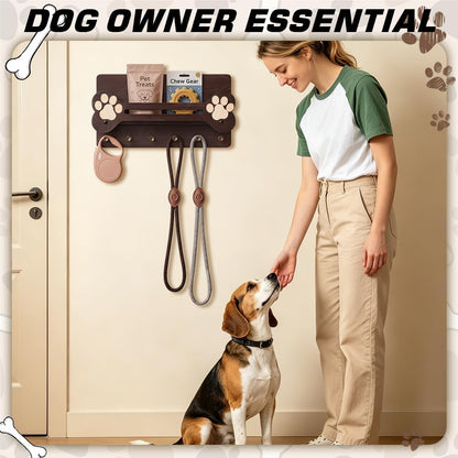 Dog Leash Holder for Wall with Floating Shelf and 6 Hooks Decorative Dog Stuff Organizer for Leashes Collars Keys Rustic Wooden Key Holder Wall Mount for Home Decor