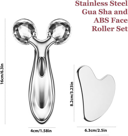Stainless Steel Gua Sha and Face Roller Set, Facial Tool for Face Sculpting, Metal Skin Care, Massager for Women