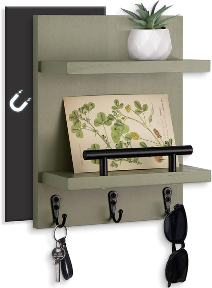 Key Holder Wall Mount, Mail Shelf Decor with 3 Key Hooks, Versatile Wood Wall Organizer for Entryway Hallway (8.2” x 10.6”x 3.6”) (White) | Farmhouse Key Hanger Holds Dog Leash, Sunglasses – Decorative Mail Organizer Home Decor