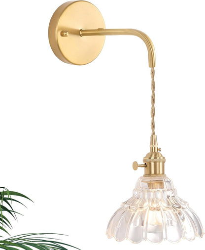 Shenmoyl Battery Operated Wall Sconce Wall Lamp with Green Lily of the Valley Shade Pattern Glass Adjustable Chain Retro Gold Wall Mounted Light, Modern Wall Lamp Fixtures Decor for Bedside Bedroom