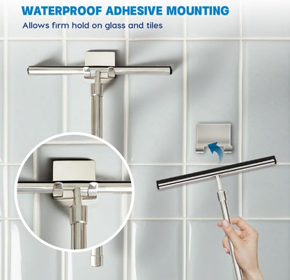 Shower Squeegee with Long Handle and Adhesive Hook. for Glass Doors, Tile Walls, Mirrors and Windows. Telescoping Squeegee for Cleaning. Bathroom Stainless Steel Squeegee, 10inch Wide, Chrome – 1pk