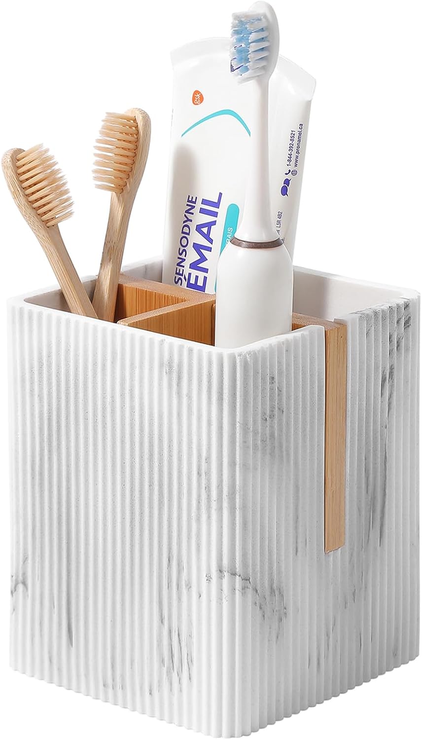 Toothbrush Holders for Bathroom, Bamboo Electric Toothbrush Stand, White | Toothbrush and Toothpaste Organizer for Sink Countertop, Bathroom Storage Stand for Brushing Accessories