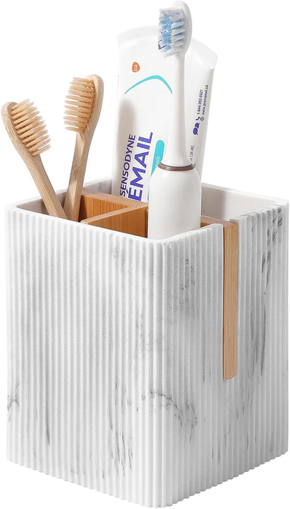 Toothbrush Holders for Bathroom, Bamboo Electric Toothbrush Stand, White | Toothbrush and Toothpaste Organizer for Sink Countertop, Bathroom Storage Stand for Brushing Accessories