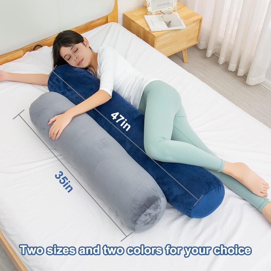 1 MIDDLE ONE Body Pillow for Adults, Bolster Pillow with Removable Velvet Cover, Long Round Cervical Roll Pillow, 35 x 7.87 Inches, Blue