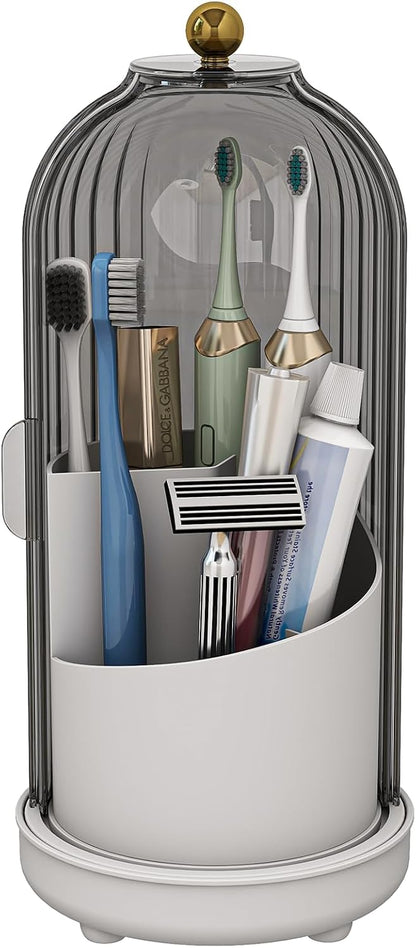 Drainable Toothbrush Toothpaste Holders with Cover, Transparent | Drainage Holes, Waterproof and Dustproof, 360° Rotating Base, Sliding Door, for Bathroom Counter
