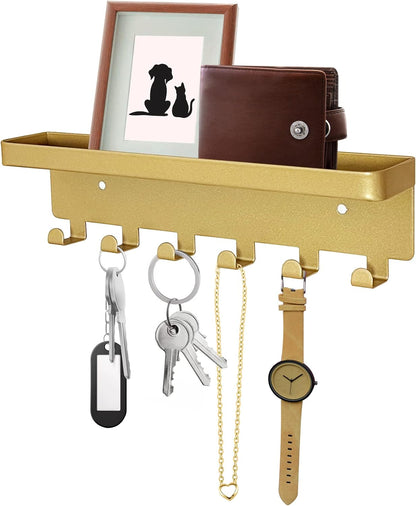 GTK Key Holder for Wall Key Hooks with Tray and 6 Hooks, Wall Mounted Key Holder for Hallway, Key Rack with Shelf for Mail Storage (Black)