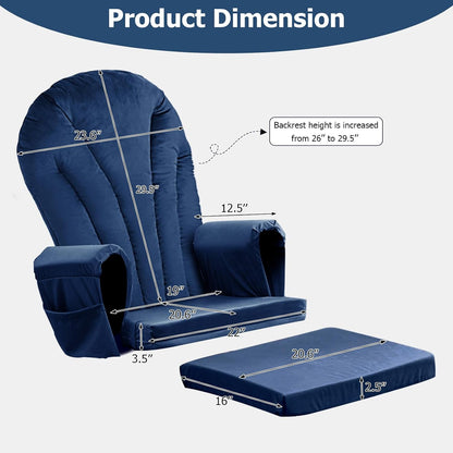 ANMINY 5pcs Glider Rocker Replacement Cushions Set with Ottoman Cushion, 3.5Inch Thickened Velvet Glider Rocking Chair Cushions with 29 inch High Backrest & Side Pockets for Indoor Nursery, Blue