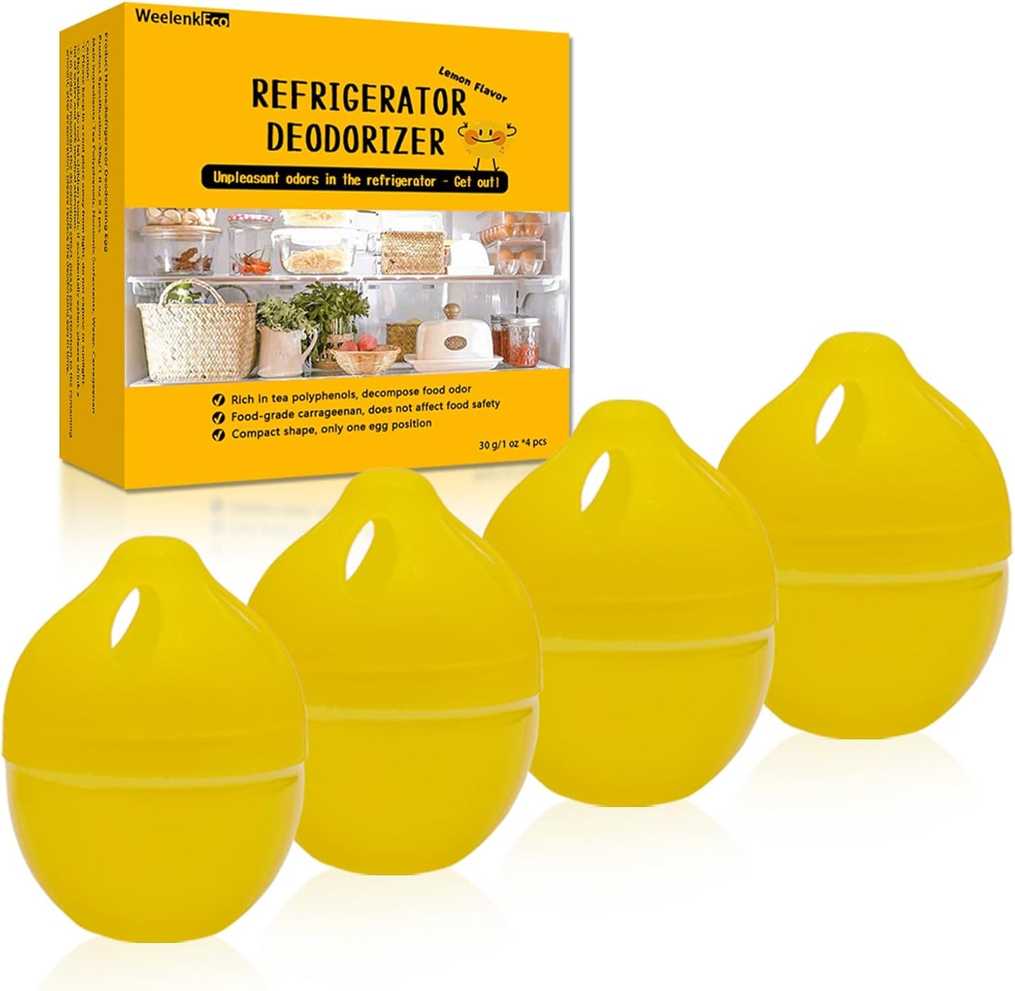 Refrigerator Deodorizer, More Effective Than Baking Soda(4Pcs/Lemon Flavor) | Removes stubborn fridge odors, food-grade raw materials with natural tea polyphenol extracts, 60–90 day lifespan