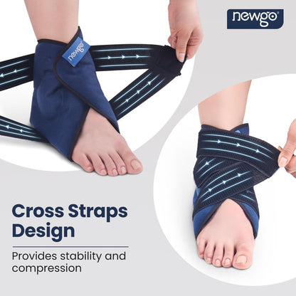 NEWGO Gel Ice Pack Wrap for Ankle & Foot - Reusable Hot and Cold Therapy Wrap for Pain Relief, Swelling, Plantar Fasciitis, Achilles Tendonitis & Sprains - Adjustable Compression Brace (1 Pair)