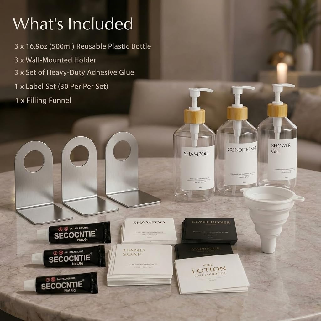Shampoo and Conditioner Dispenser Set of 3 for Wall Mount | 16.9 fl oz Drill Free Shower Soap Bottles,Refillable Body Wash Dispensers for Bathroom Decor (Amber Bottles + Bamboo Pumps)