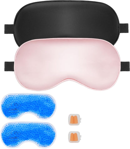 Silk Sleep Mask with Cooling Gel Eye Mask, Warm and Cold Compress, Heated Eye Mask for Tired Eyes, Stain Eye Cover Sleeping Mask for Travel, Home, Office, Yoga, Total Blackout (Black)