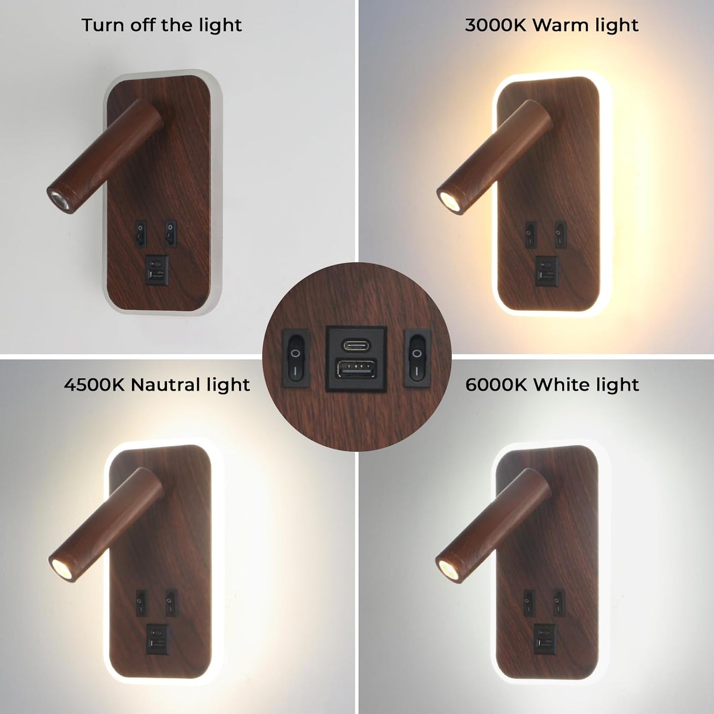 Plug in Wall Sconce with Wall Mounted Reading Lights with Switch | Wall Lamp for Bedroom with Charging Station USB C+A Ports,Bunk Bed Lights with 3W+9W Night Light,Walnut Color Reading Light